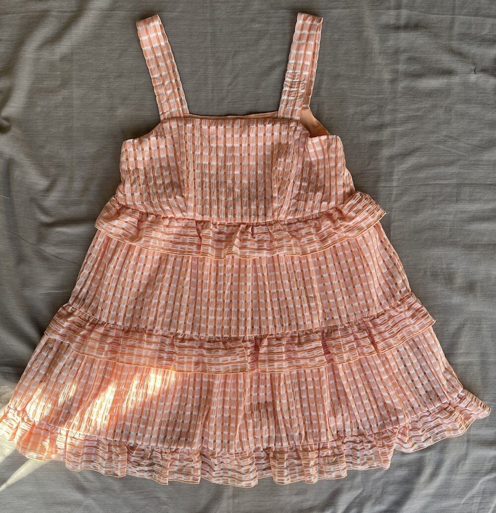 Pink Lily Women Small Peach Gingham Tiered Babydoll Mini Dress Boho Cottagecore